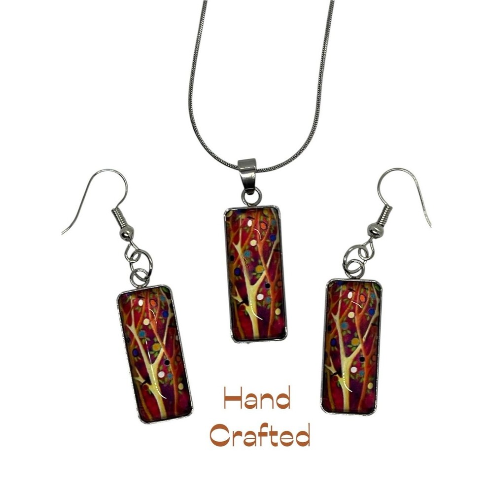 Hand Crafted Red Yellow Tree Glass Rectangle Pendant Necklace Earrings Set NWT